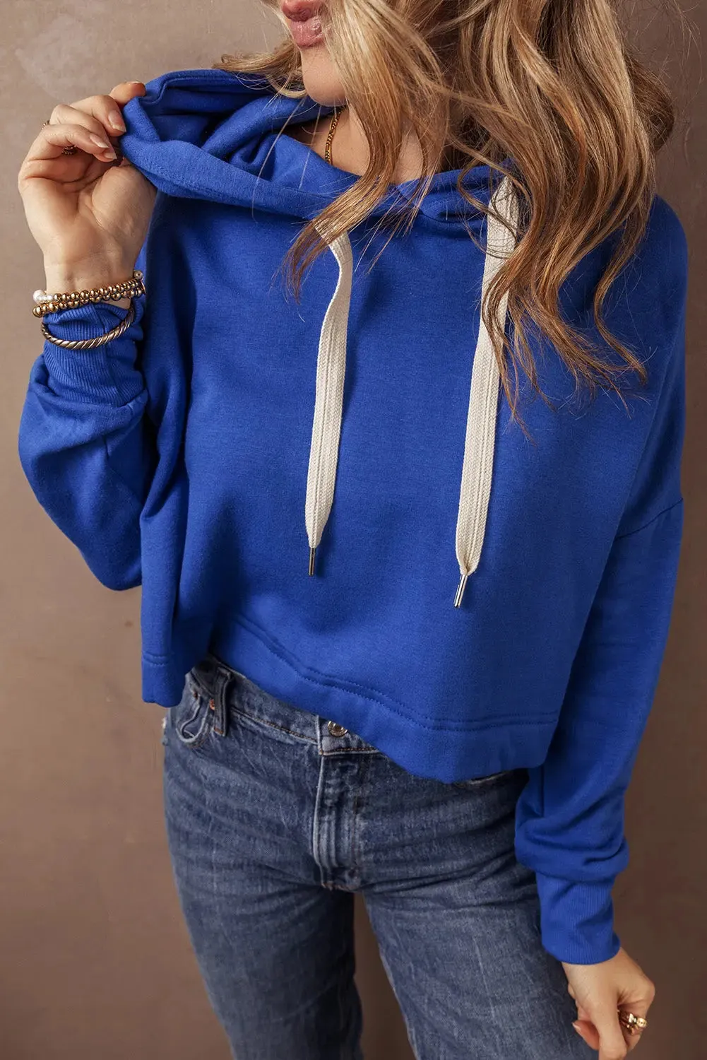 Dark Blue Solid Drop Shoulder Drawstring Cropped Hoodie sold by eAura product image thumbnail 3