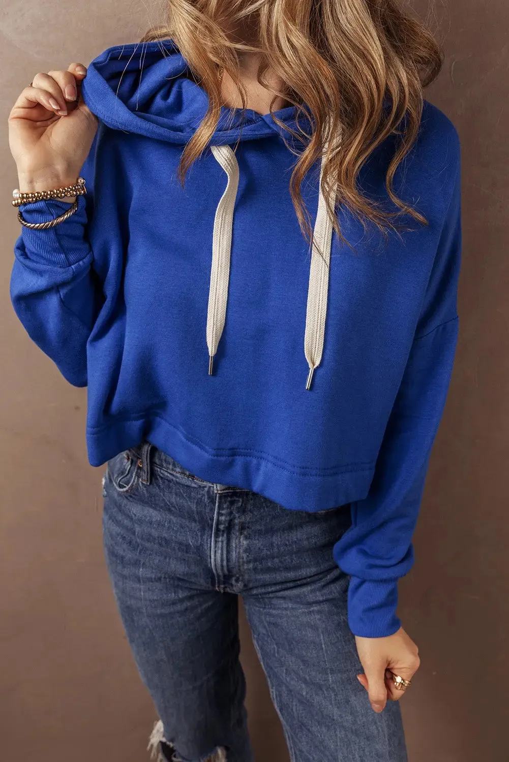 Dark Blue Solid Drop Shoulder Drawstring Cropped Hoodie sold by eAura product image thumbnail 5