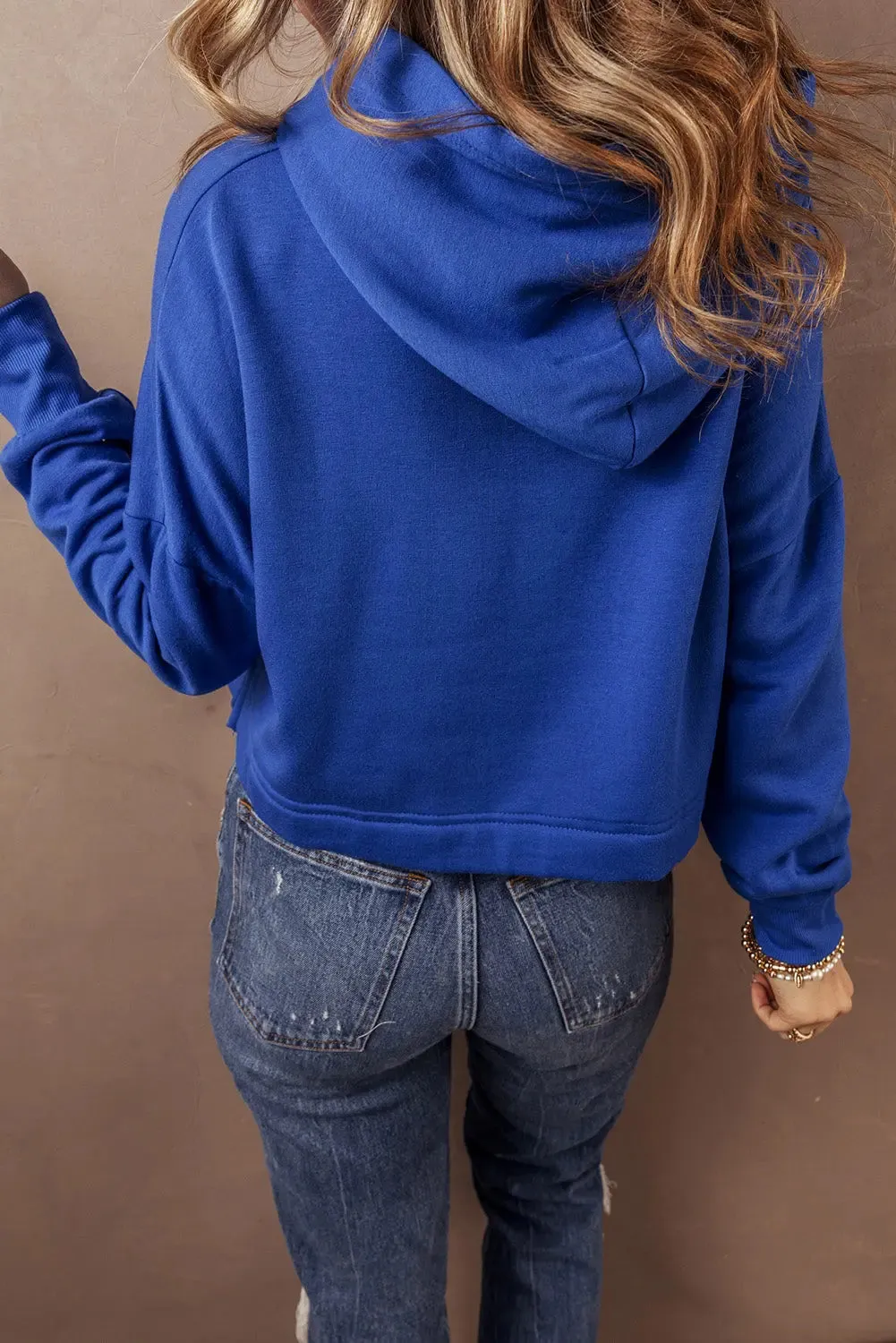 Dark Blue Solid Drop Shoulder Drawstring Cropped Hoodie sold by eAura product image thumbnail 2