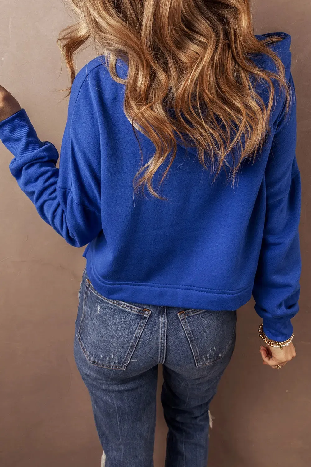Dark Blue Solid Drop Shoulder Drawstring Cropped Hoodie sold by eAura product image thumbnail 4
