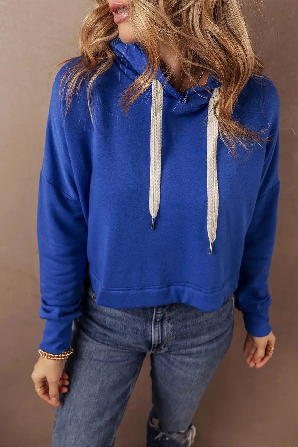 Dark Blue Solid Drop Shoulder Drawstring Cropped Hoodie sold by eAura