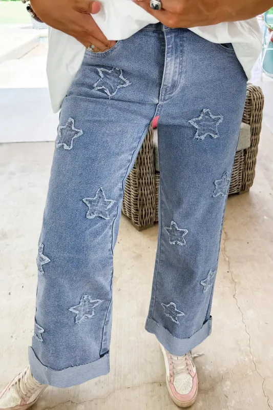 Dusk Blue Foiled Star Patchwork Straight Leg Loose Jeans sold by eAura