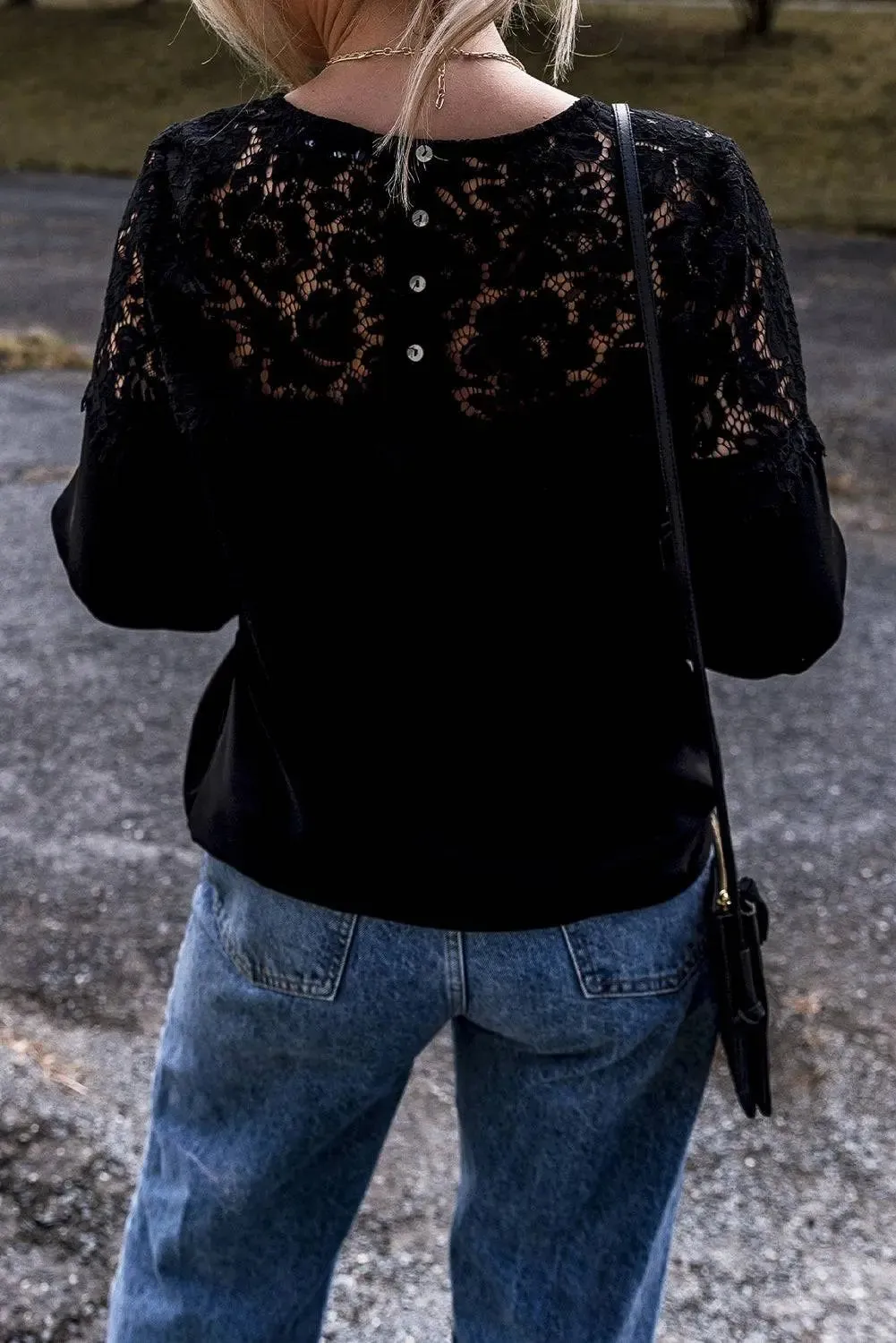 Black Lace Crochet Patchwork O Neck Long Sleeve Top sold by eAura product image thumbnail 2