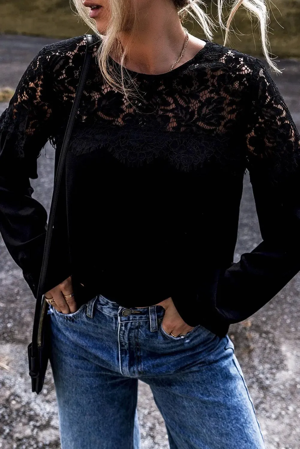 Black Lace Crochet Patchwork O Neck Long Sleeve Top sold by eAura product image thumbnail 4