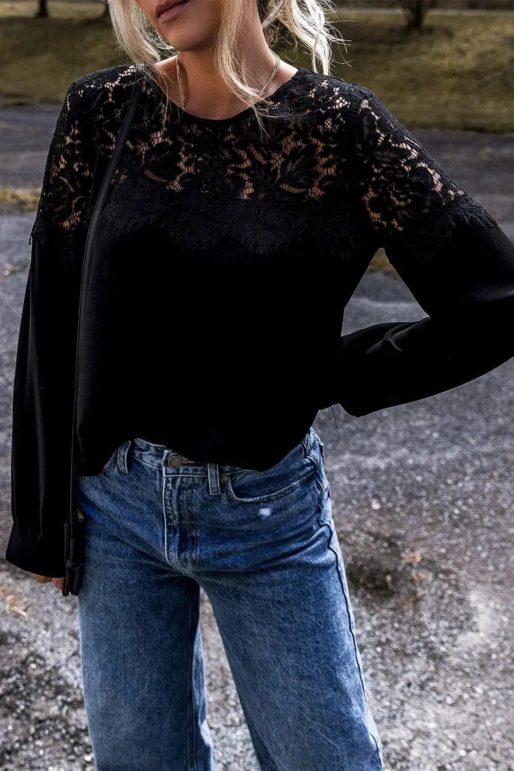 Black Lace Crochet Patchwork O Neck Long Sleeve Top sold by eAura product image thumbnail 5