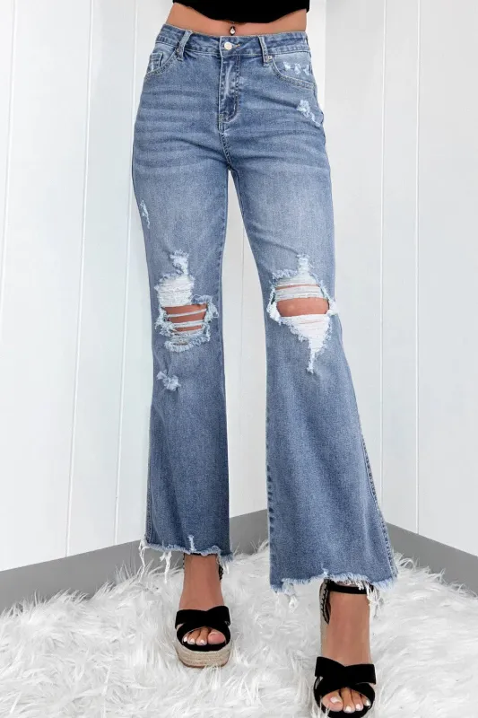 Dusk Blue High Rise Ripped Distressed Hem Flared Jeans sold by eAura