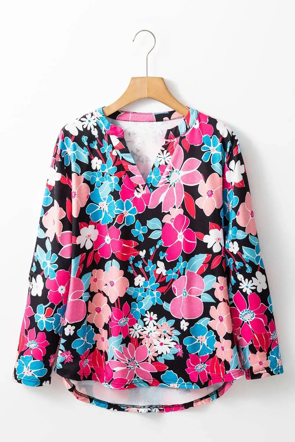 Pink Floral V Neck Roll Tab Sleeve Blouse sold by eAura product image thumbnail 5
