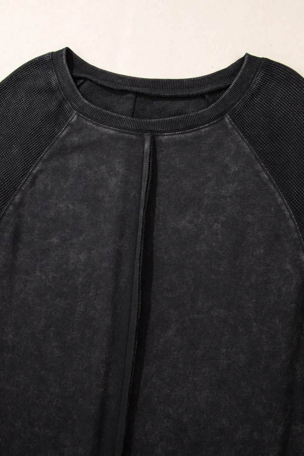 Black Solid Waffle Knit Patchwork Raglan Sleeve Sweatshirt sold by eAura product image thumbnail 5