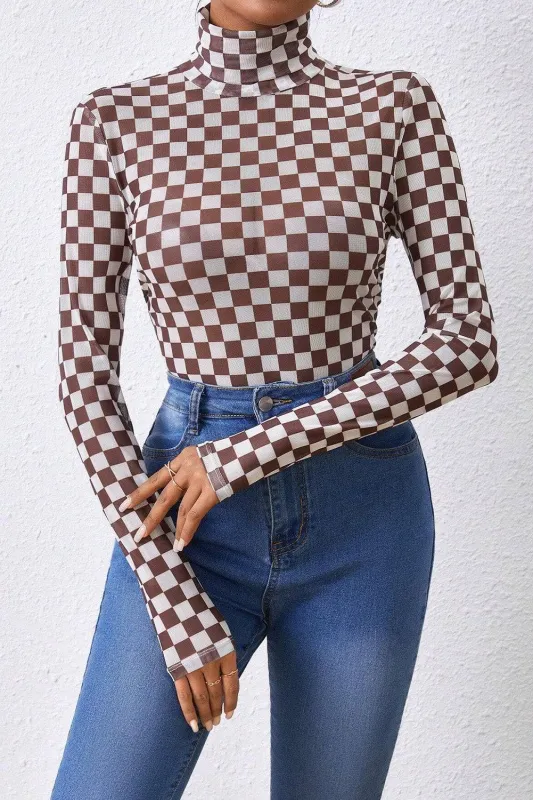 Brown Checkered Printed Long Sleeve High Neck Bodysuit sold by eAura