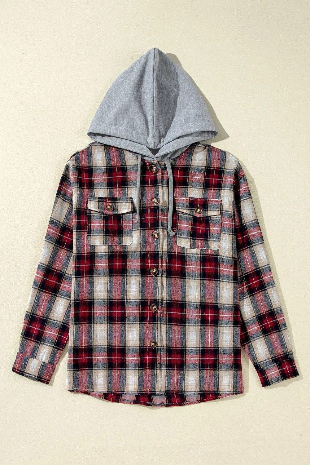 Red Plaid Print Chest Pocket Buttoned Hooded Shacket sold by eAura product image thumbnail 3