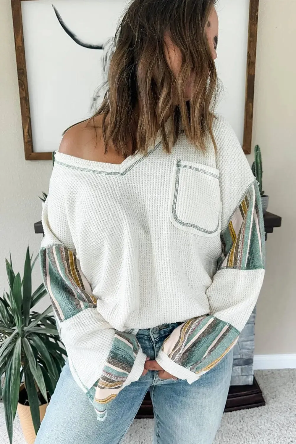 White Striped Patchwork Exposed Seam Waffle Knit Top sold by eAura product image thumbnail 3