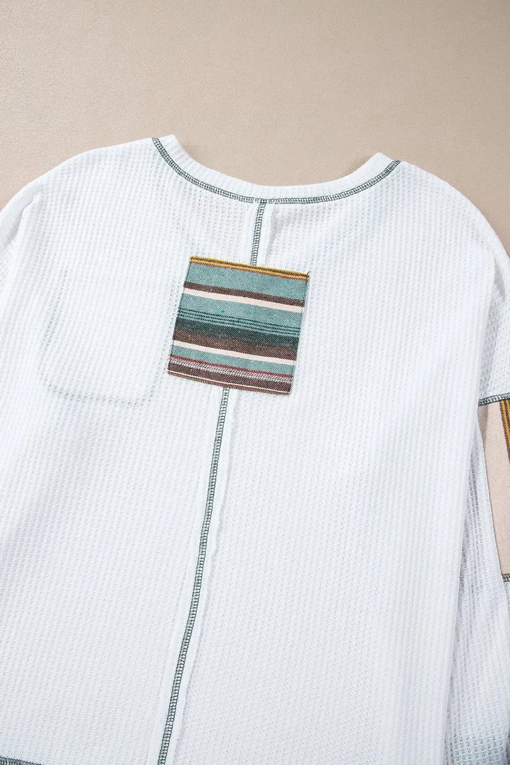 White Striped Patchwork Exposed Seam Waffle Knit Top sold by eAura product image thumbnail 5