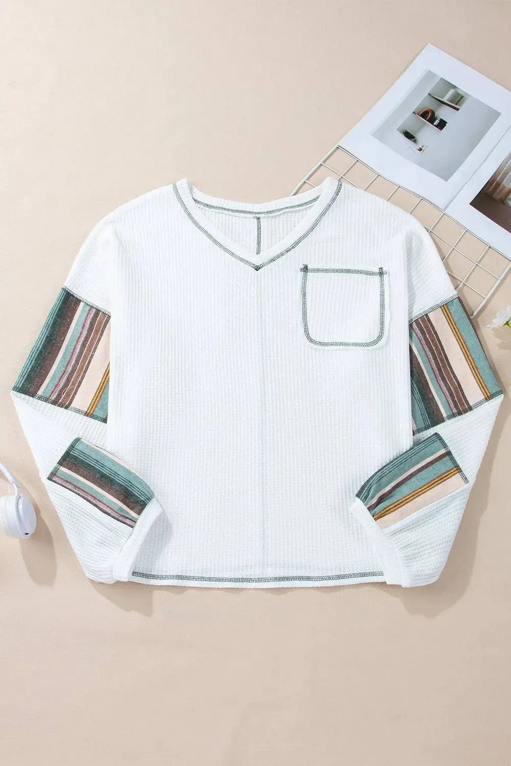 White Striped Patchwork Exposed Seam Waffle Knit Top sold by eAura product image thumbnail 4