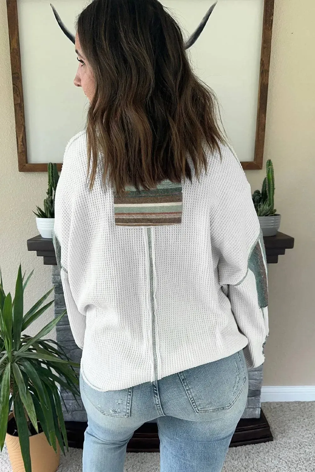 White Striped Patchwork Exposed Seam Waffle Knit Top sold by eAura product image thumbnail 2