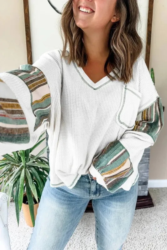 White Striped Patchwork Exposed Seam Waffle Knit Top sold by eAura