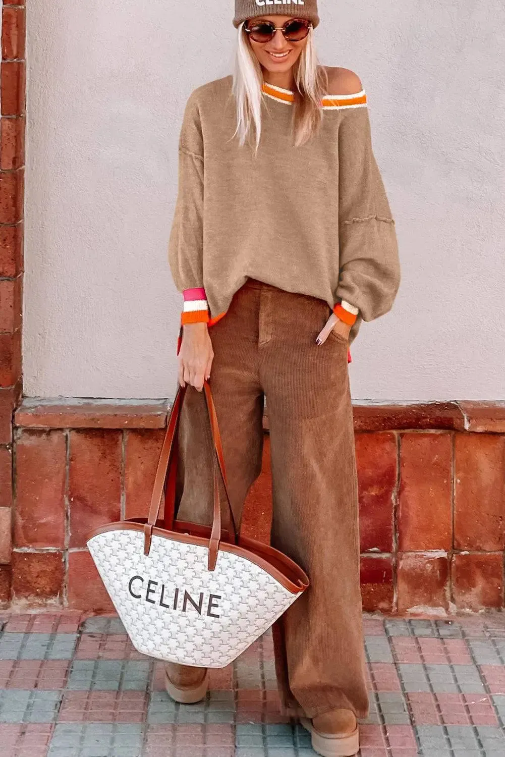 Parchment Colorblock Striped Trim Drop Shoulder Sweater sold by eAura product image thumbnail 2