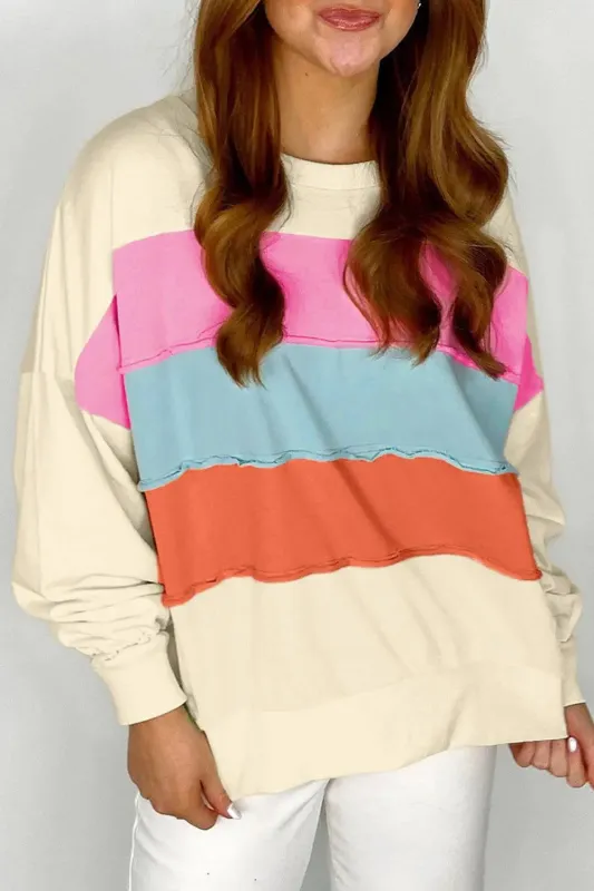 White Colorblock Patchwork Crewneck Drop Shoulder Sweatshirt sold by eAura