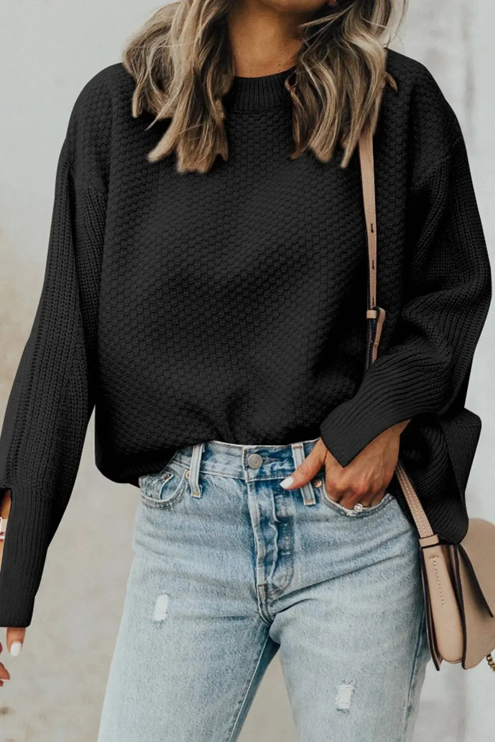 Textured Knit Split Cuff Drop Shoulder Loose Sweater sold by eAura product image thumbnail 2