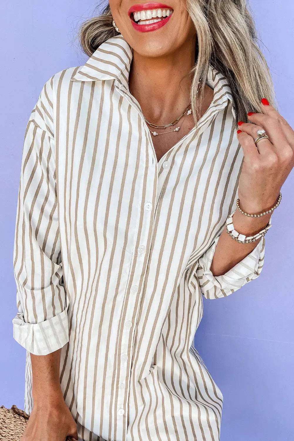 Khaki Stripe Long Sleeve Button Up Mini Shirt Dress sold by eAura product image thumbnail 5