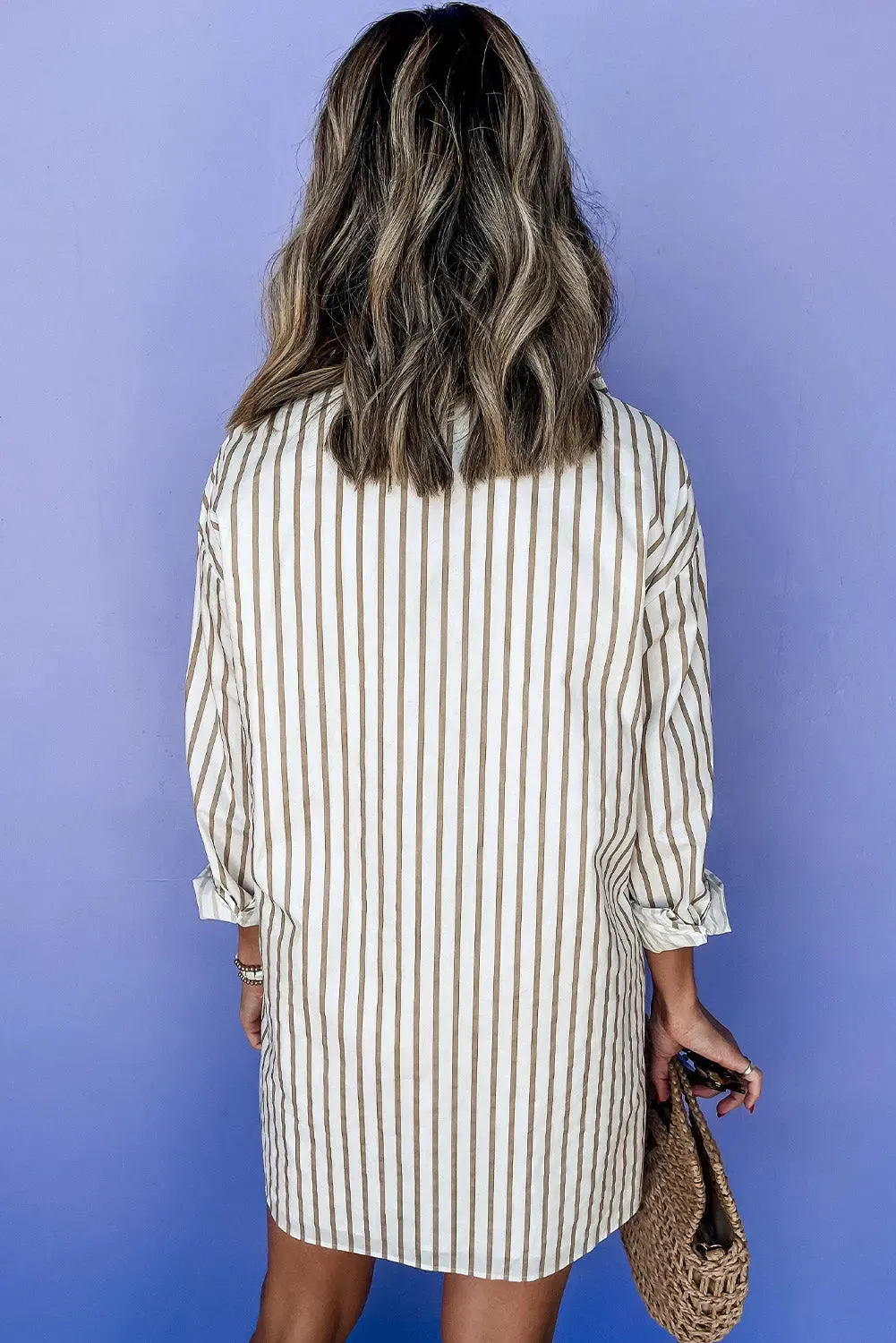 Khaki Stripe Long Sleeve Button Up Mini Shirt Dress sold by eAura product image thumbnail 2
