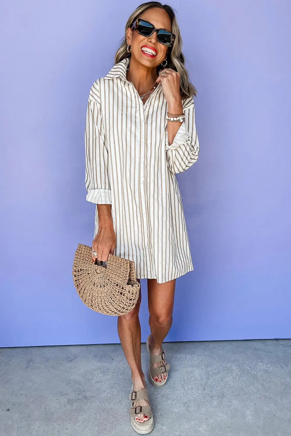 Khaki Stripe Long Sleeve Button Up Mini Shirt Dress sold by eAura product image thumbnail 4