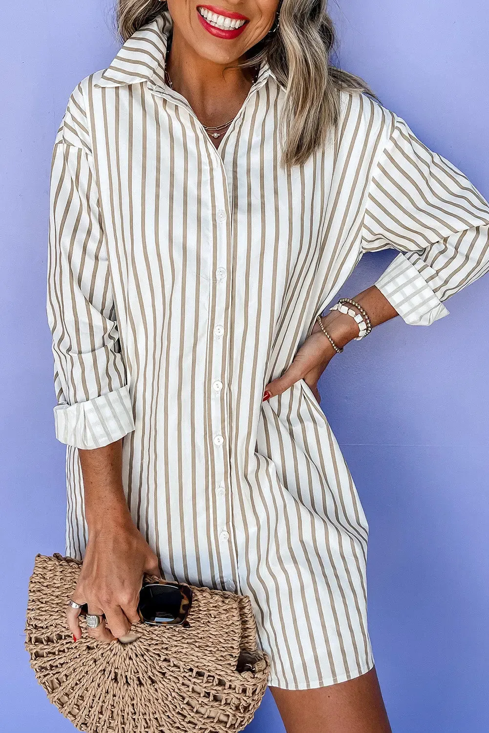 Khaki Stripe Long Sleeve Button Up Mini Shirt Dress sold by eAura