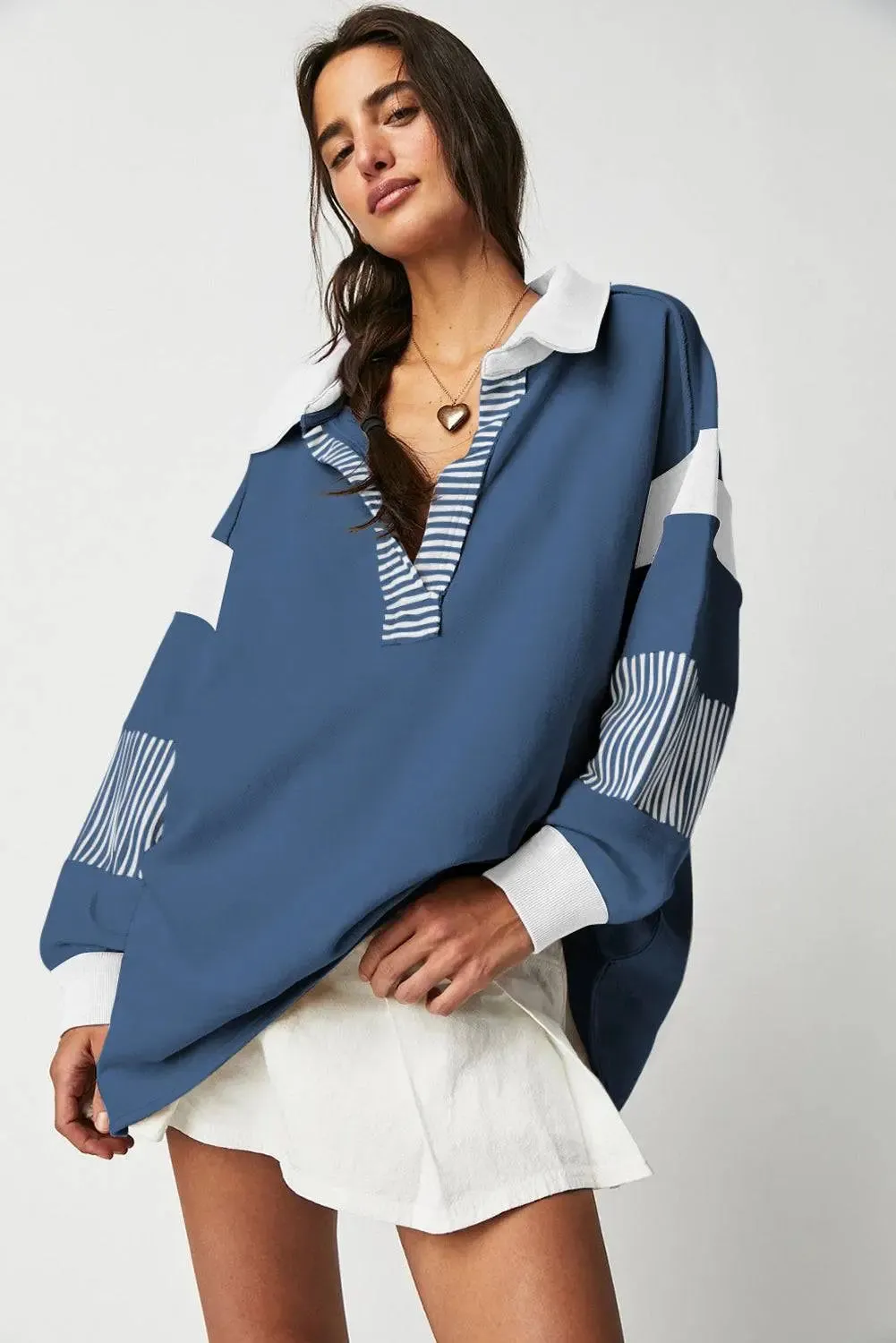 Sail Blue Striped Colorblock Patchwork Collar Sweatshirt sold by eAura product image thumbnail 3