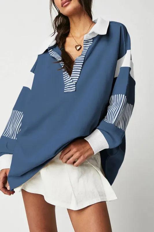 Sail Blue Striped Colorblock Patchwork Collar Sweatshirt sold by eAura