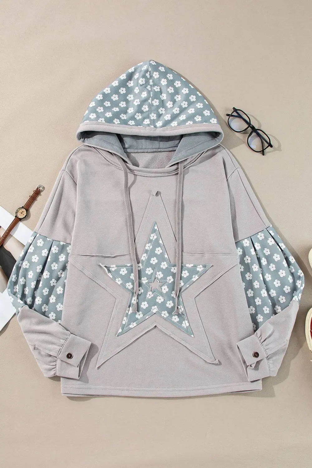 Beau Blue Floral Patchwork Star Pattern Drawstring Hoodie sold by eAura product image thumbnail 4