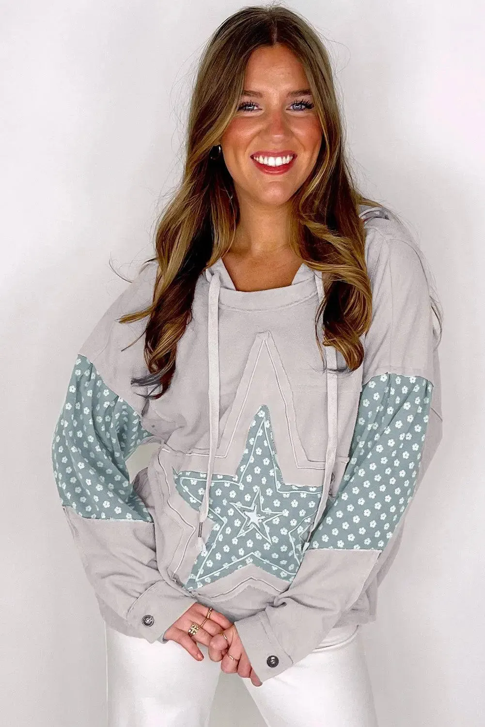 Beau Blue Floral Patchwork Star Pattern Drawstring Hoodie sold by eAura product image thumbnail 2