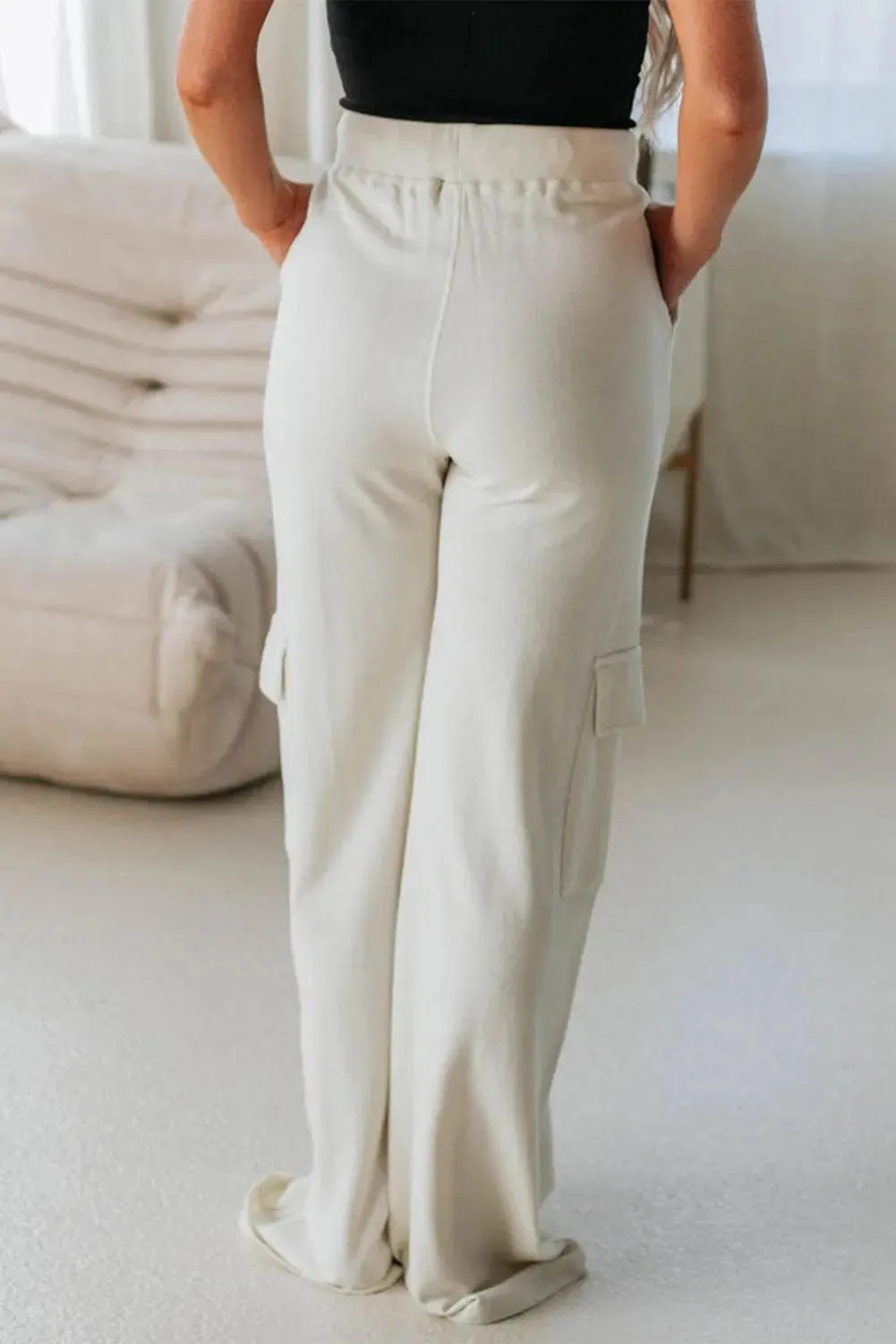 Beige Plain Cargo Pockets High Waist Casual Sweatpants sold by eAura product image thumbnail 2
