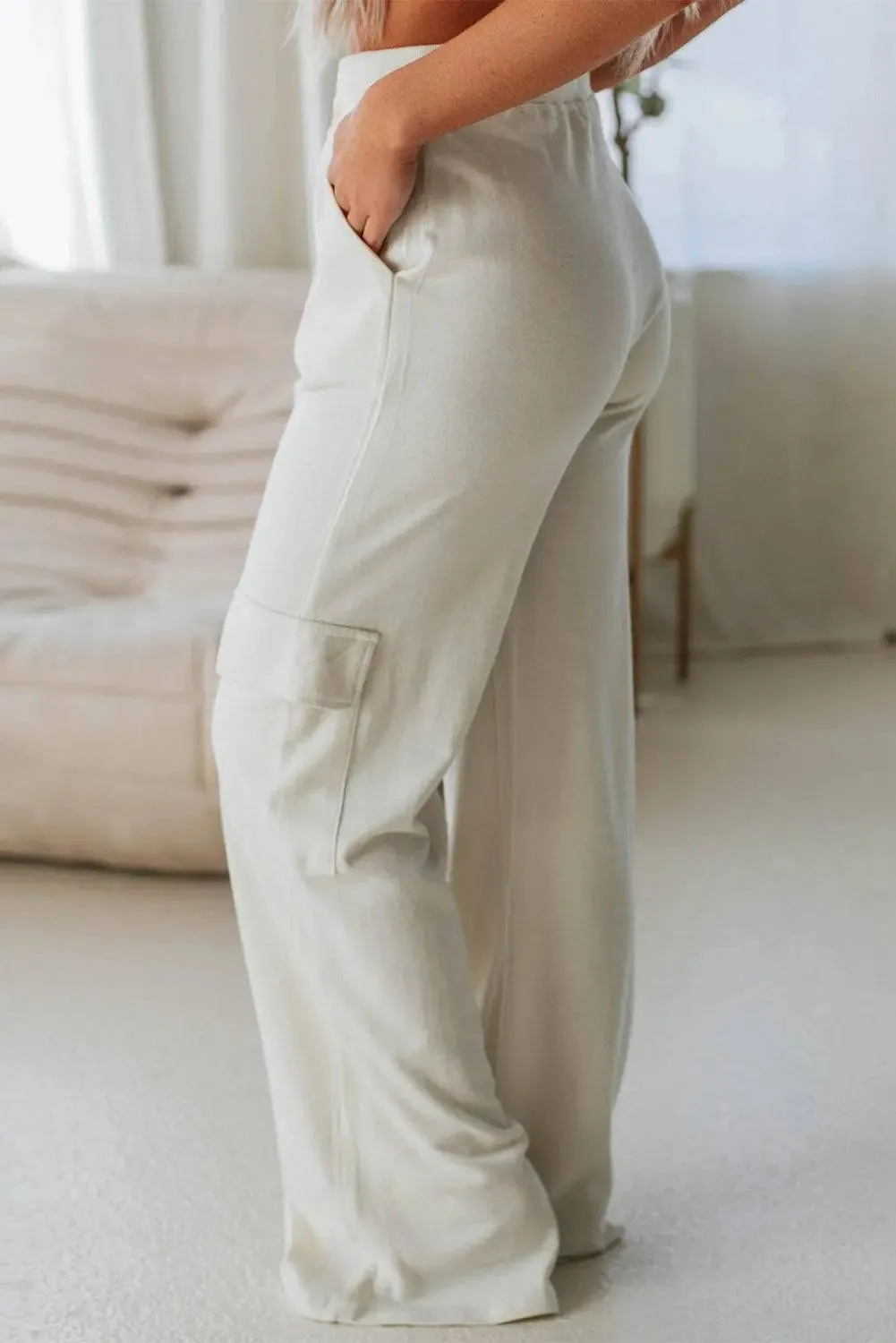 Beige Plain Cargo Pockets High Waist Casual Sweatpants sold by eAura product image thumbnail 3