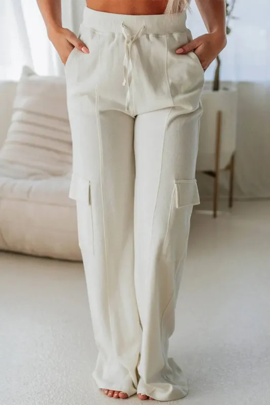 Beige Plain Cargo Pockets High Waist Casual Sweatpants sold by eAura
