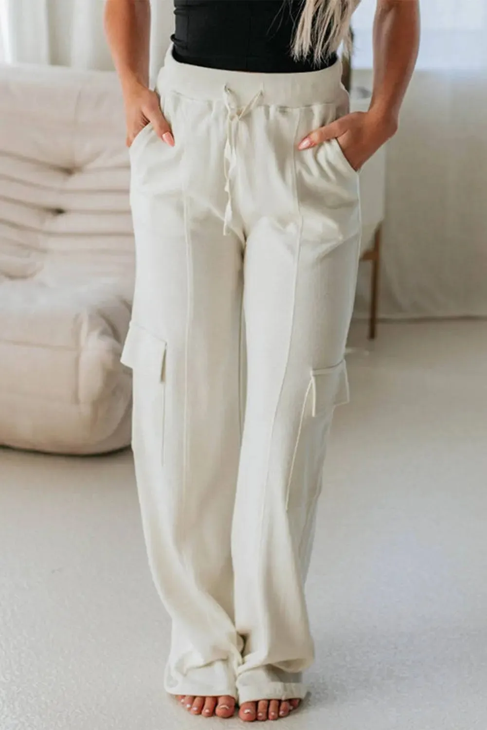 Beige Plain Cargo Pockets High Waist Casual Sweatpants sold by eAura product image thumbnail 4