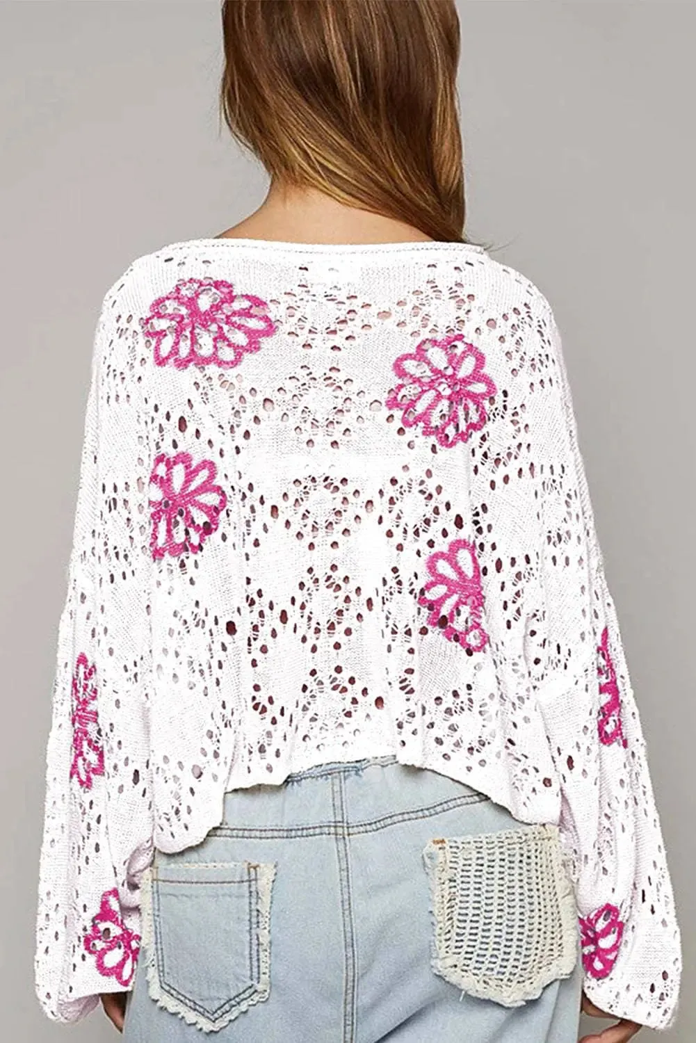 White Contrast Flower Print Eyelet Drop Shoulder Sweater sold by eAura product image thumbnail 2