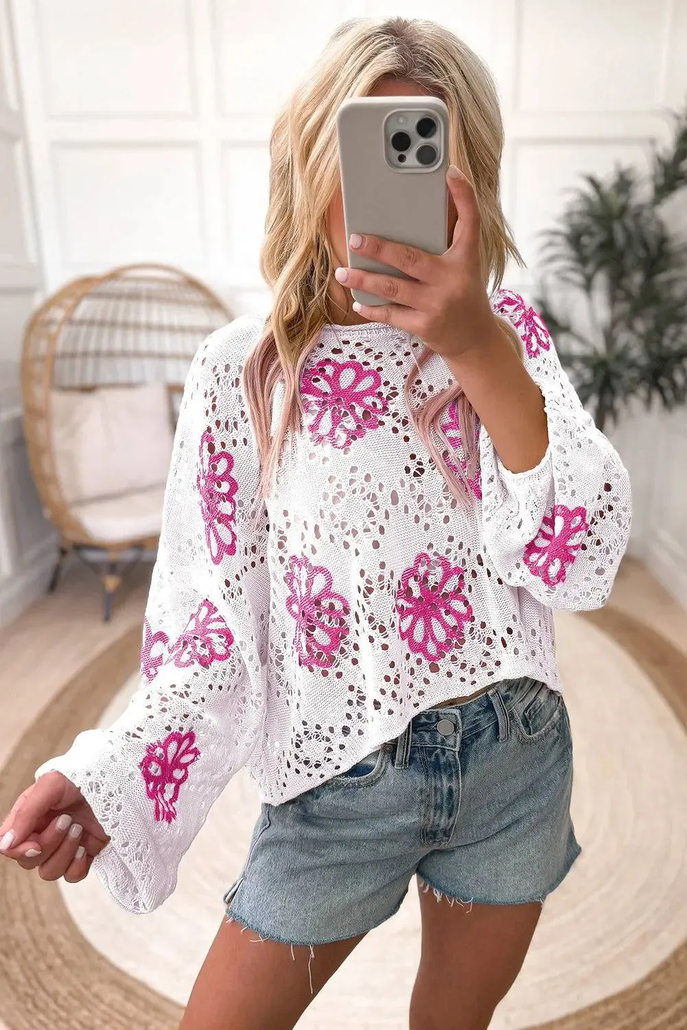 White Contrast Flower Print Eyelet Drop Shoulder Sweater sold by eAura product image thumbnail 4