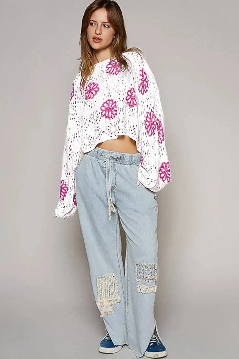 White Contrast Flower Print Eyelet Drop Shoulder Sweater sold by eAura product image thumbnail 5
