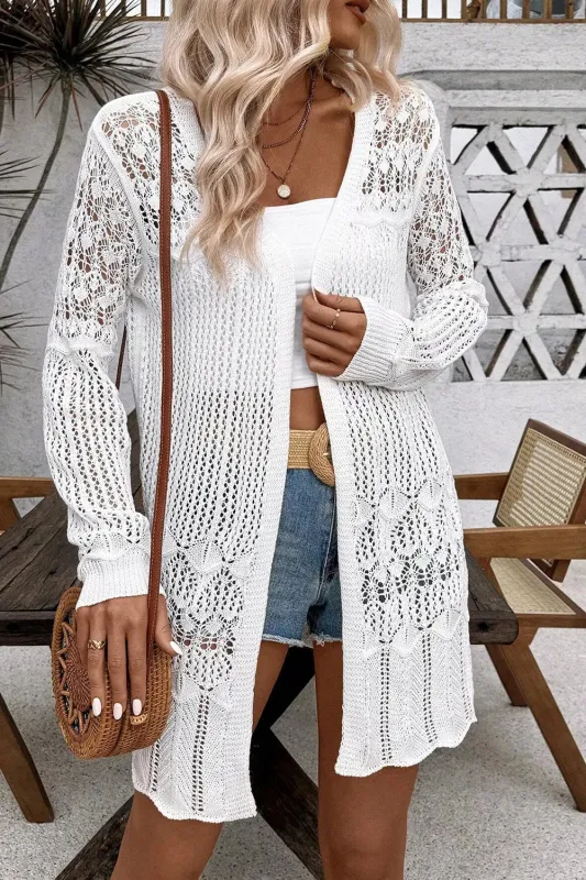 White Crochet Hollow Out Open Front Cardigan sold by eAura