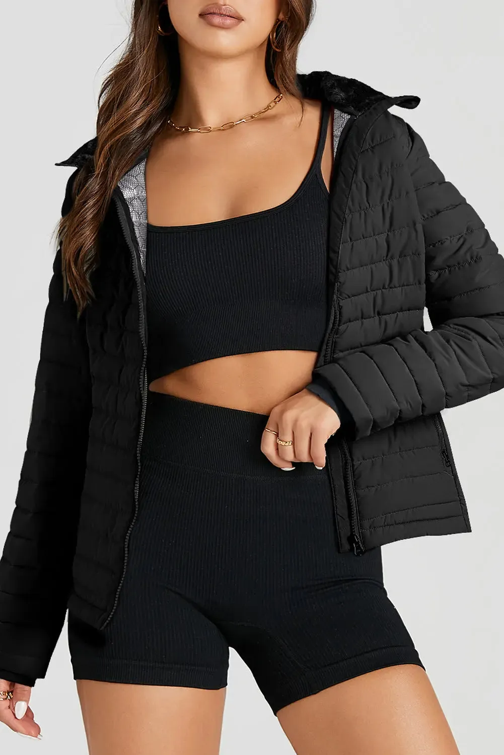 Black Solid Color Quilted Zip-up Puffer Jacket sold by eAura product image thumbnail 3