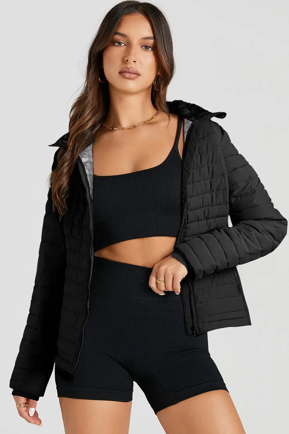 Black Solid Color Quilted Zip-up Puffer Jacket sold by eAura