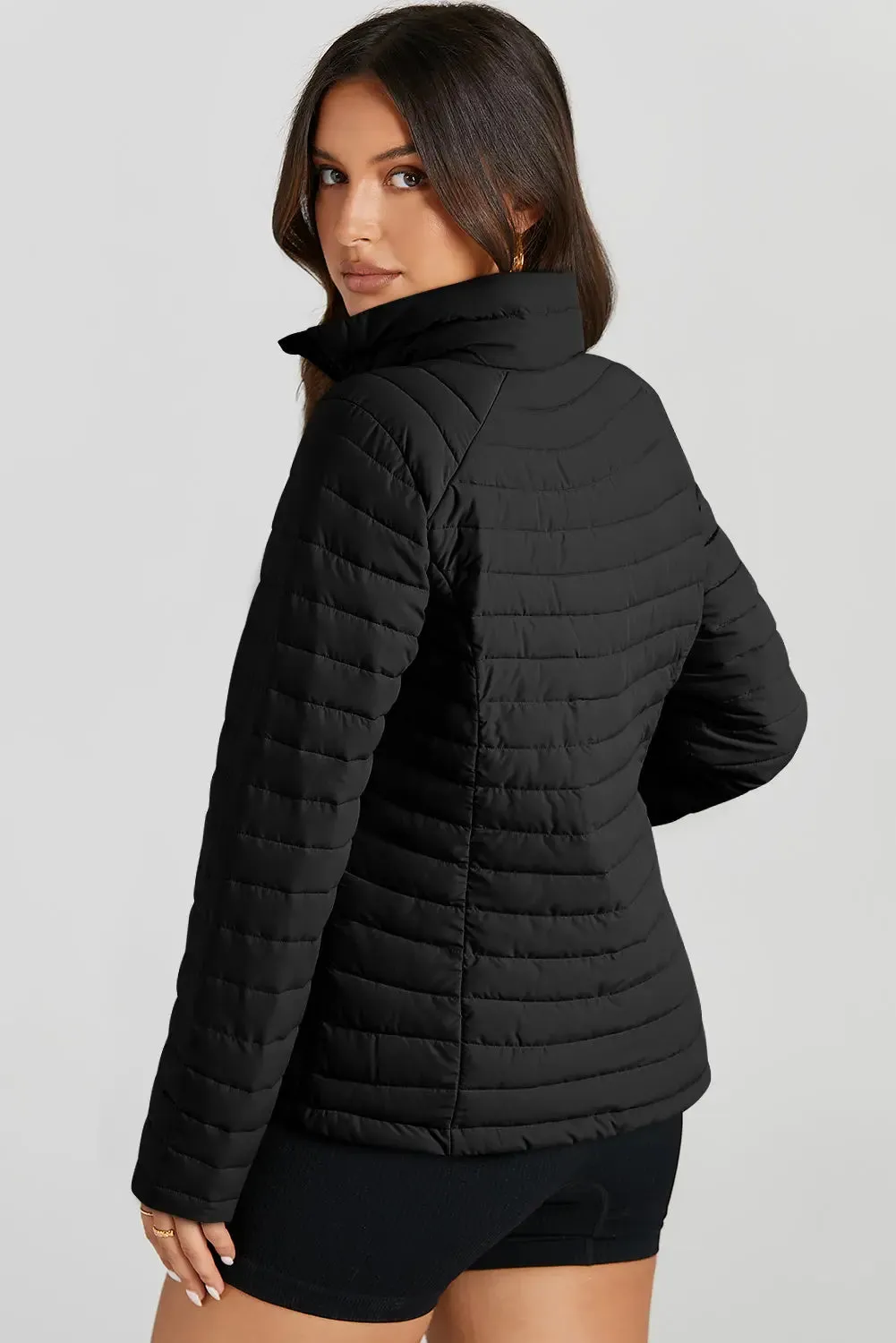 Black Solid Color Quilted Zip-up Puffer Jacket sold by eAura product image thumbnail 4