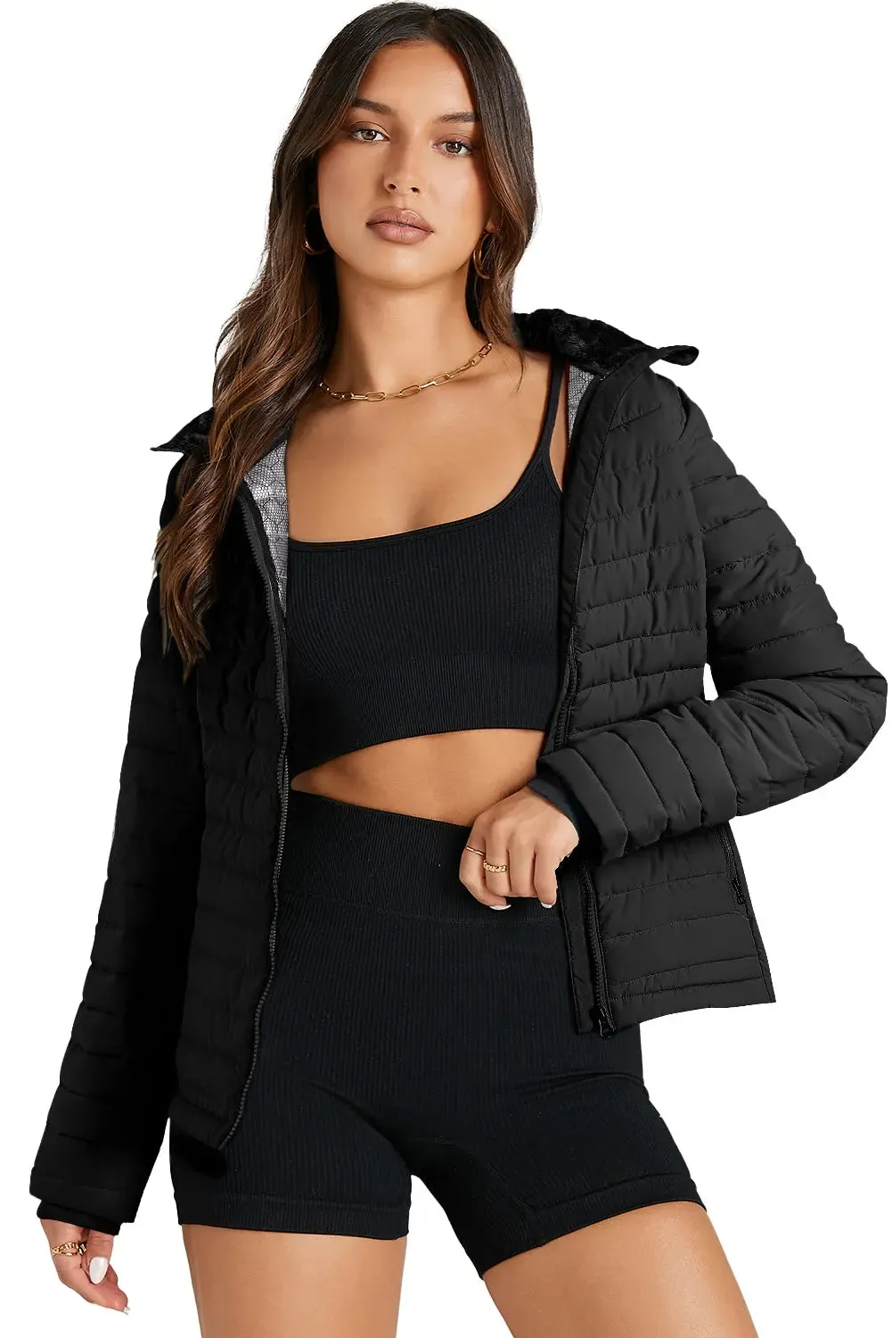 Black Solid Color Quilted Zip-up Puffer Jacket sold by eAura product image thumbnail 5