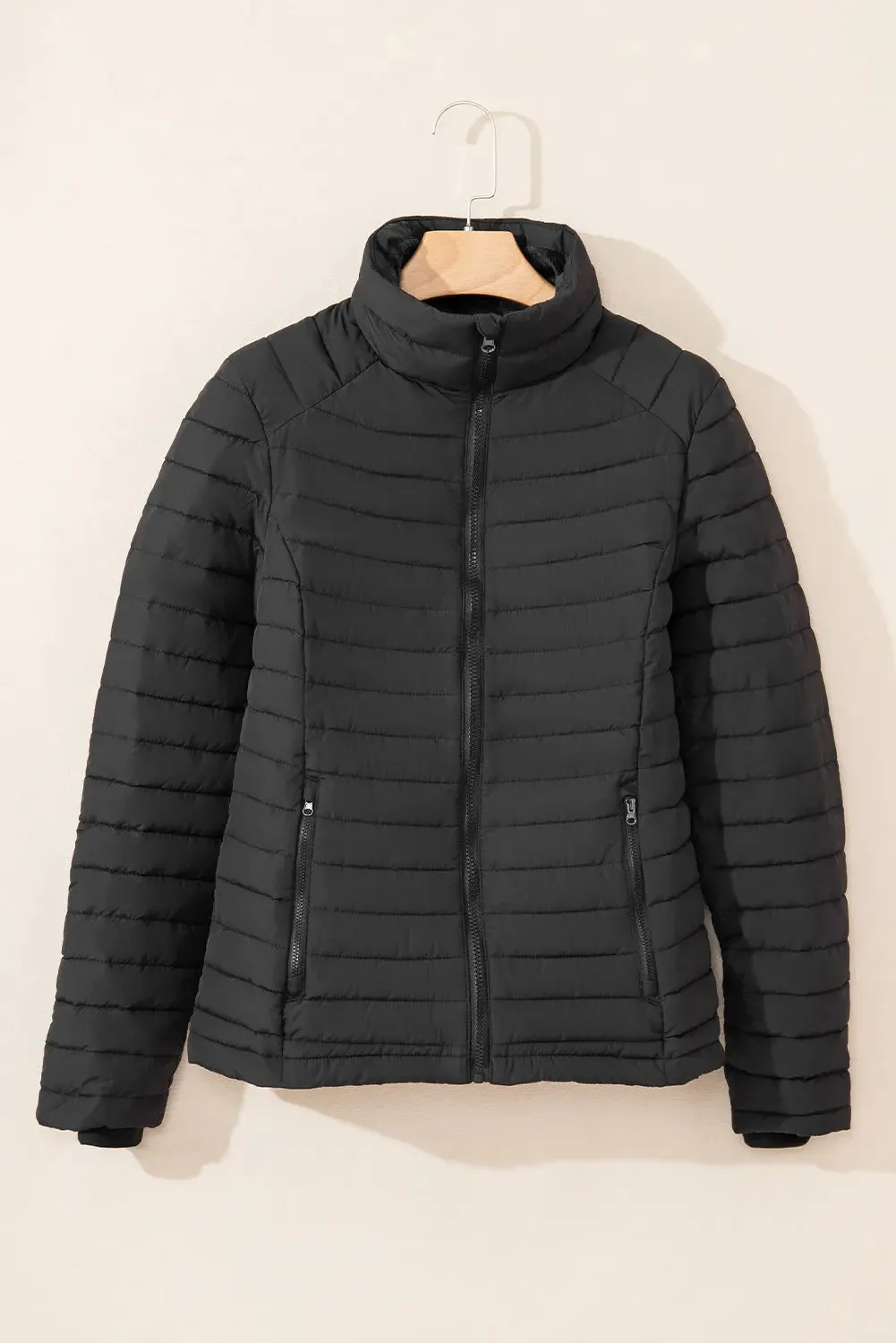 Black Solid Color Quilted Zip-up Puffer Jacket sold by eAura product image thumbnail 2