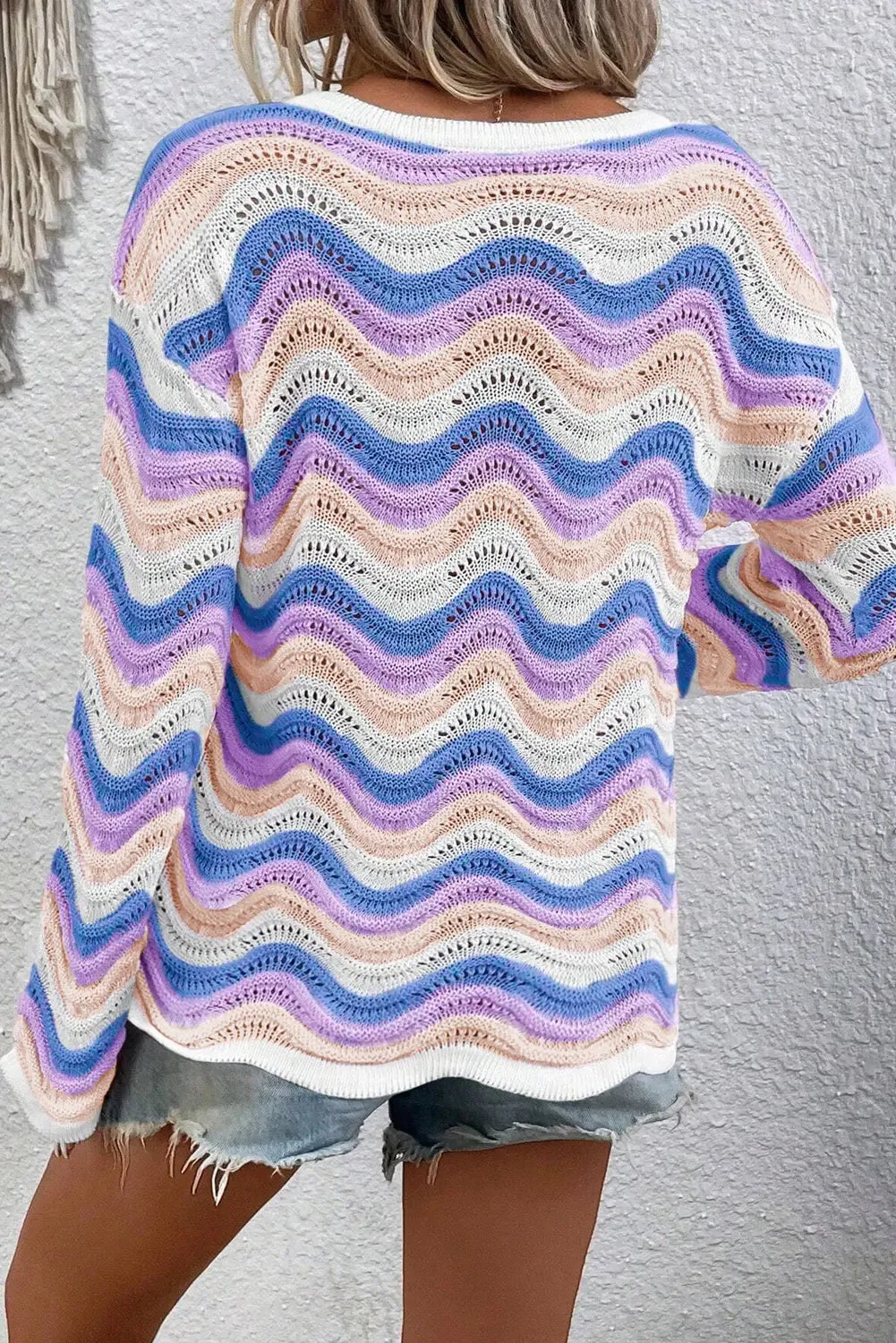 Purple Stripe Wavy Pointelle Knit Drop Shoulder Sweater sold by eAura product image thumbnail 2