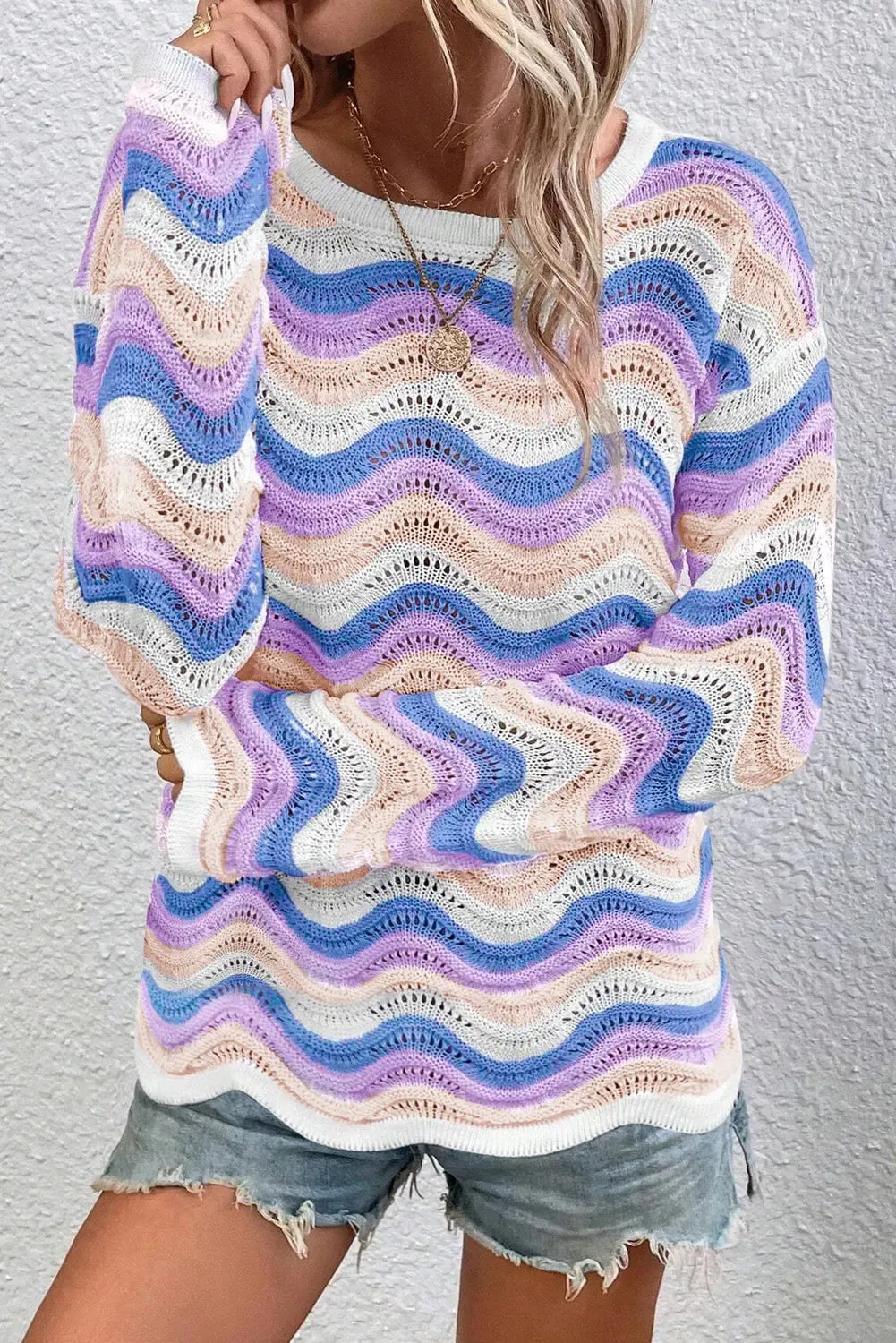 Purple Stripe Wavy Pointelle Knit Drop Shoulder Sweater sold by eAura product image thumbnail 3