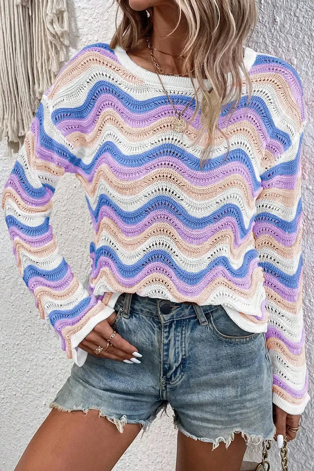 Purple Stripe Wavy Pointelle Knit Drop Shoulder Sweater sold by eAura