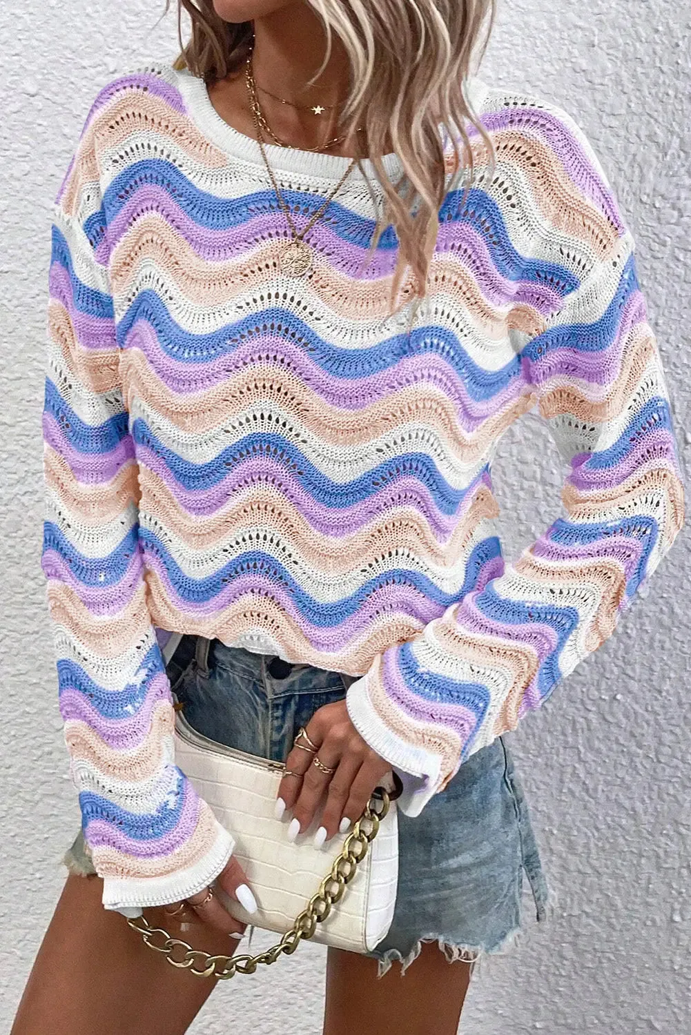 Purple Stripe Wavy Pointelle Knit Drop Shoulder Sweater sold by eAura product image thumbnail 4