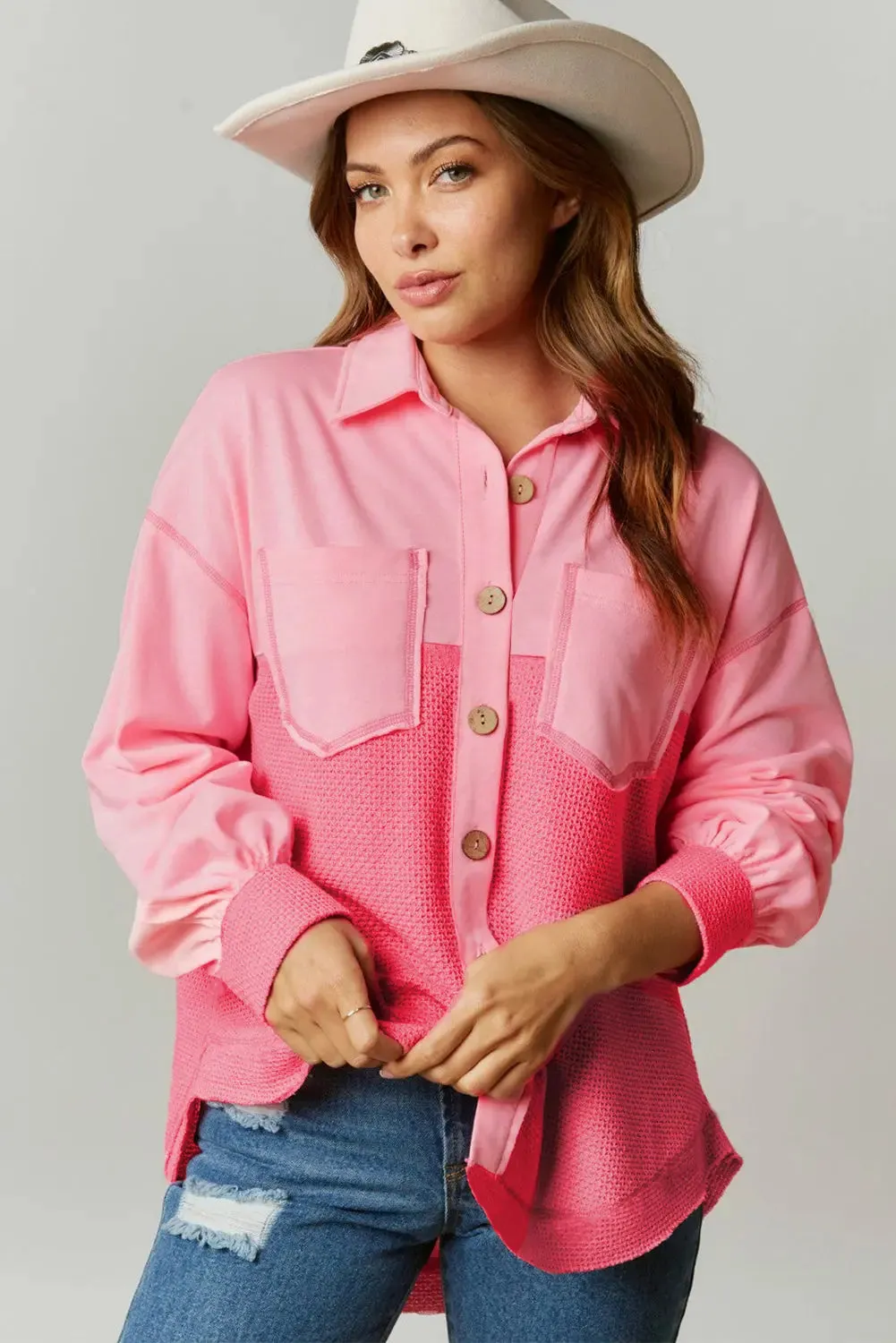 Peach Blossom Two Tone Contrast Waffle Knit Buttoned Loose Shacket sold by eAura product image thumbnail 3