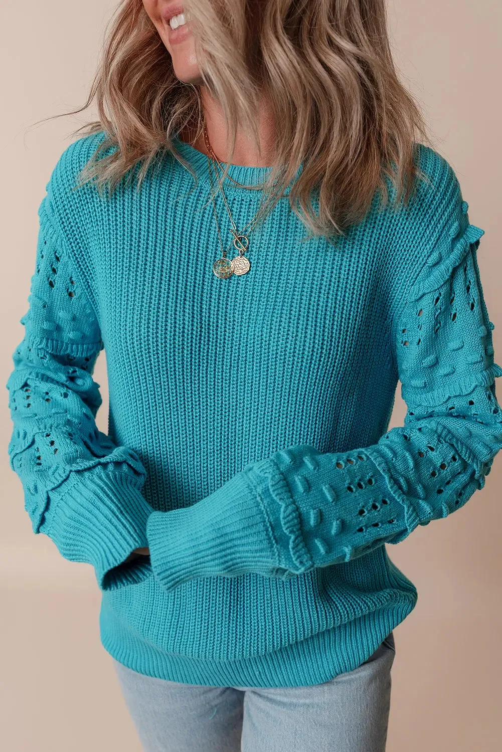 Turquoise Ruffled Eyelet Bubble Sleeve Sweater sold by eAura product image thumbnail 5