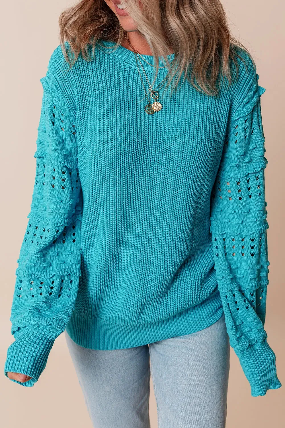 Turquoise Ruffled Eyelet Bubble Sleeve Sweater sold by eAura product image thumbnail 3